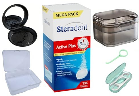 Retainer Mega Pack – 136 Tablets Cleaning Kit with Bath & Travel Cases – Odor-Free Dental Fresh Brite Cleaner for Dentures, Aligners, Invisalign & Mouthguards – Eliminates 99.9% of Bacteria, Cleansers