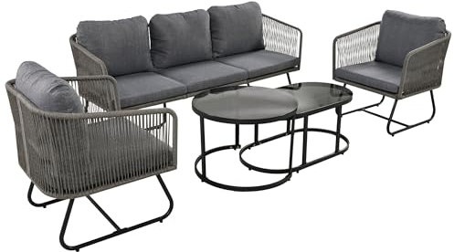 IHO SOFA Outdoor Loungemöbel Set 5-TLG für 5 Personen, Sitzgruppe Outdoor mit 1 3er Sofa 2 Stühle mit Kissen und 2 Tisch mit Glas Tischplatte, Eisengestell und Gewebtem Seil Gartengarnitur Set, Grau