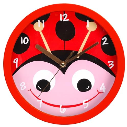 MIJOMA Kinder-Wanduhr Tiermotive – Lernuhr für Kinderzimmer, geräuschlos, 20 cm, niedliche Designs für Jungen & Mädchen (Marienkäfer)