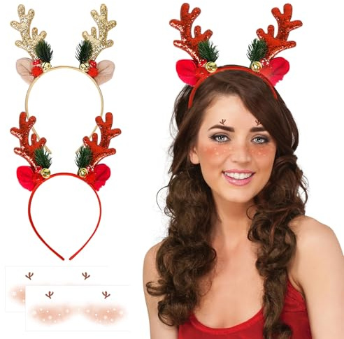 AKINSTER Serre-tête de Noël, lot de 2 - Accessoire de tête de renne pour Noël avec 2 autocollants faciaux pour adultes, femmes, enfants - Pour carnaval, fête, cosplay