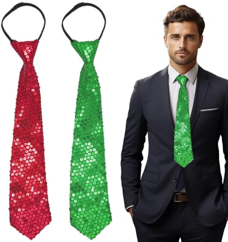 DOKRIN Fancy Dress Ties & Sashes for Adults, 2 Stück Pailletten-Krawatten glänzende Krawatten Herren- und Damenbekleidungszubehör Pailletten-Krawatten für Partys Weihnachten (Rot, Grün)