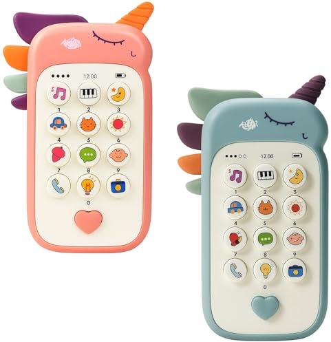 Spielhandy, 2 Stück Einhorn Spielzeughandy Set, Kindertelefon in Pink und Blau, Ideal für Babys 6-18 Monate, Fördert Motorik und Sensorik, Reisen und Zuhause