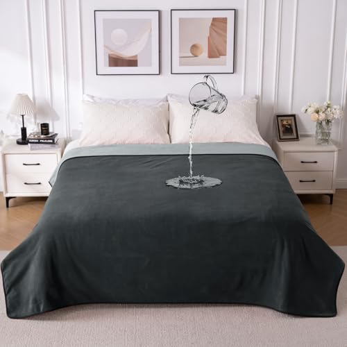 QIYI Reversible Waterproof Blanket for Bed, 203x229cm, Dk Grey/Lt Grey | Leakproof Fleece Throw Blanket, Stain Resistant Water Resistant Bed Cover, Washable Furniture Protector for Camping