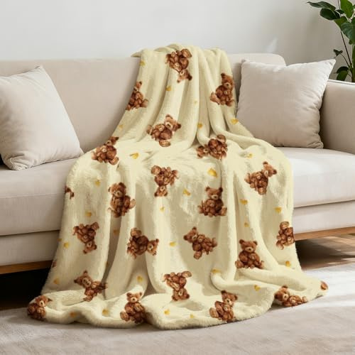 GLOBLELAND Niedliche Bären Kuscheldecke Mit Herzmotiv 150x130cm Dick Aus Flanell Waschbar Flauschig Für Couch Sessel Sofa Bett Studentenwohnheim Schlafzimmer Zuhause