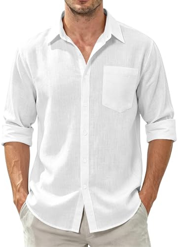 Dybycit Men's Cotton Linen Shirts Long Sleeve Regular Fit Lightweight Solid Color Summer Beach Shirt