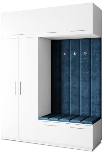 Masseno Flugarderoben Set Rema, Kleiderschrank-Set mit Sitzbank, Garderobenschrank Flur mit 5 Regalböden, Weiß