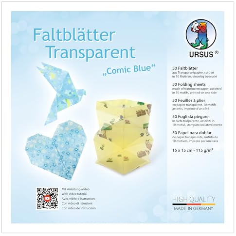 Ursus 3806 55 16 - Faltblätter Transparent Comic Blue, 50 Stück, 15 x 15 cm, 115 g/m² Transparentpapier in 10 Motiven, einseitig bedruckt, Faltpapier zum Basteln, DIY & Deko