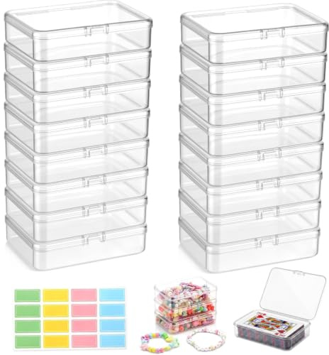Zocipro 16Pcs Small Clear Plastic Storage Boxes with Lids – Stackable | Rectangular Containers with Coloured Labels, for Playing Cards, Beads, Game Pieces, Jewellery and Craft Items