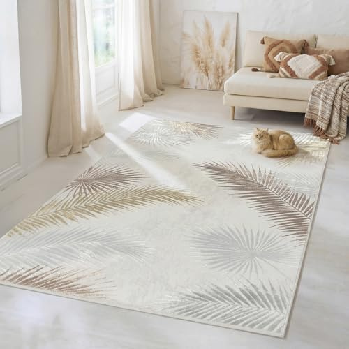 the carpet Mila Teppich – moderner Kurzflor Wohnzimmerteppich mit 3D Hoch-Tief-Effekt, Glanzeffekt & weicher Oberfläche, Fußbodenheizung geeignet, Feder, Creme, 140 x 200 cm