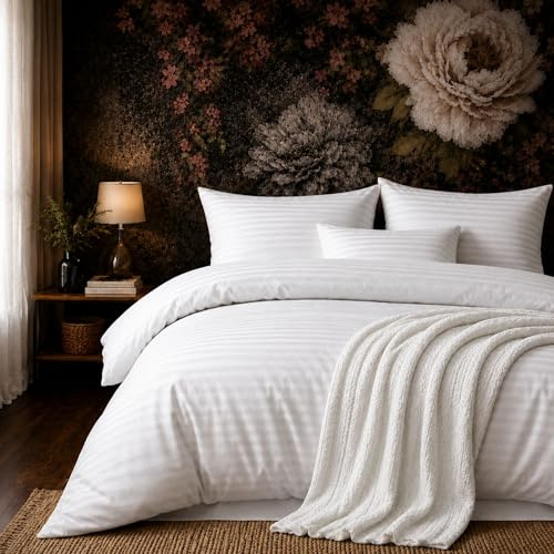ZIRVEHOME Bettwäsche 135x200 cm 4-teilig – Weiß Bettbezug mit feinem Streifenmuster – 2X Bettbezüge 135x200 + 2X Kissenbezüge 80x80 – Renforcé Baumwolle – Pflegeleichte Ganzjahresbettwäsche Weiß