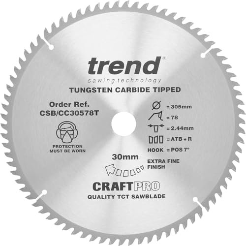 Trend Hoja de sierra ingletadora ATBR inalámbrica de madera, 305 mm de diámetro, 30 mm de diámetro, 78 dientes, corte de 2,2 mm, gancho de +7°, TCT, acabado fino, CSB/CC30578T