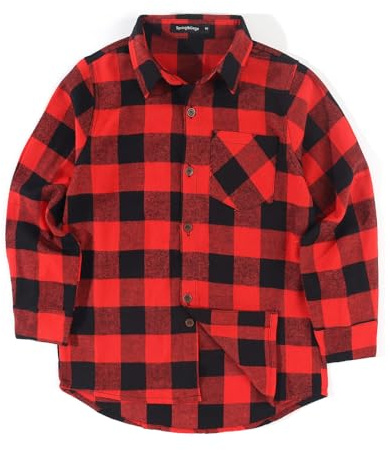 Spring&Gege Jungen Casual Langarm Kariertes Flanell Button-Down-Shirt für Kinder, Rot schwarz, 128 134