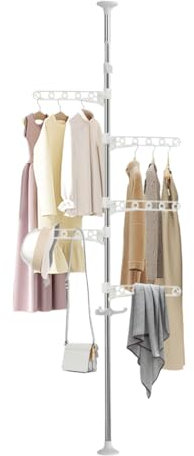 Hershii Adjustable Laundry Pole Corner Clothes Garment Drying Rack Hat Hanger Coat Tree Floor to Ceiling Tension Shelf Storage Organizer with 5 Arms and 1 Hook - Ivory