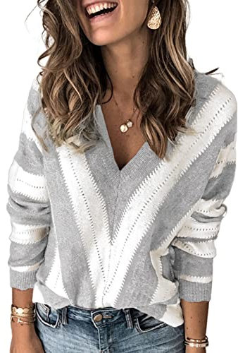Uusollecy Suéter para mujer, cuello de pico, a rayas, informal, otoño e invierno, camiseta, A-gris, XL