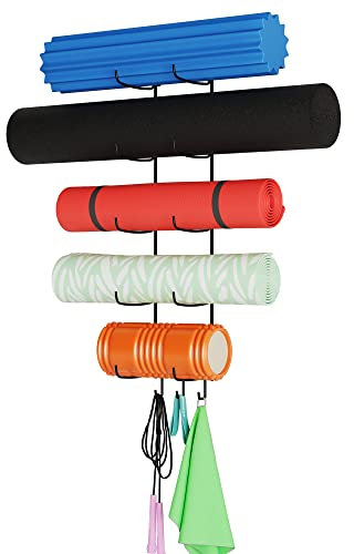 Wallniture Guru Schaumstoffrolle & Yogamattenhalter Wandhalterung mit 3 Haken zum Aufhängen von Yogagurt, Widerstandsbänder, 5-teiliges Metall (Schwarz)
