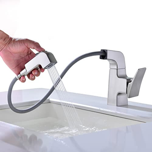 TRUSTMI Badezimmer-Wasserhahn, Einhandgriff, Waschtischarmatur mit herausziehbarem Sprüher, 180 Grad schwenkbarer Auslauf, Überlauf, Pop-Up-Ablaufsieb inklusive, gebürstetes Nickel