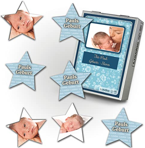 Luudoo Foto-Memo - Bedruckt mit ihren Bildern! (32 Paare - Karten in Sternform - in personalisierter Blechdose)