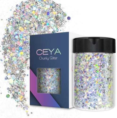 Ceya Holographic Chunky Glitter, 4.9oz/ 140g Diamond Silver Craft Glitter Powder Mixed Fine Flakes Iridescent Nail Sequins for Nail Art, Hair, Epoxy Resin, Tumblers, Slime, Painting, Festival Decor