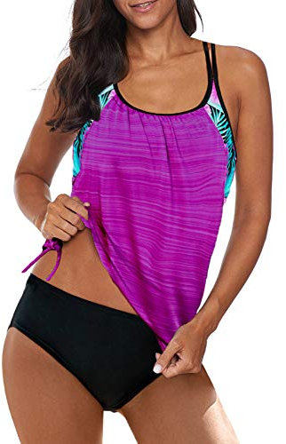 Aleumdr Tankini Damen Bauchweg Bademode Set Zweiteilig Tankinis Push up Sommer Badeanzug Damen Sportlich Tankini Set Zwei Stück Badeanzüge für Damen Bikini Set Swimsuit mit Cups,Lila XL