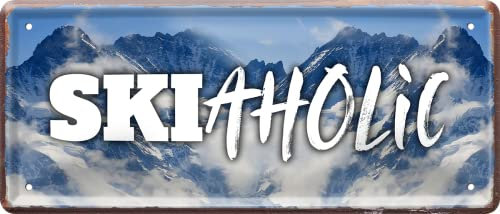 schilderkreis24 – Targa in metallo divertente con scritta Skiaholic, decorazione umorismo per porta con montagna, in metallo, ideale come regalo di compleanno o Natale, 28 x 12 cm