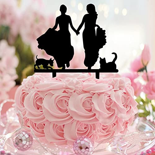 Acryl Schwarz Mrs And Mrs Cake Topper Mit Hund Katze Silhouette 2 Bräute Rustikale Hochzeitstorte Topper Zwei Frauen Hochzeit Party Supplies Benutzerdefinierte Nachname Datum Frauen Hochzeit Geschenke