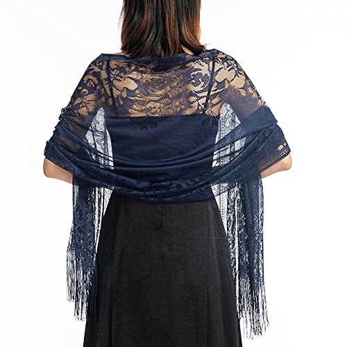 TOEECY Stola Damen Spitzenschal Leichter Weicher Umschlagtuch Abendschal Stola mit Fransen für Brautjungfer Abendkleid Hochzeit Party Festlich Abschlussball Umhang Schal (Marineblau)