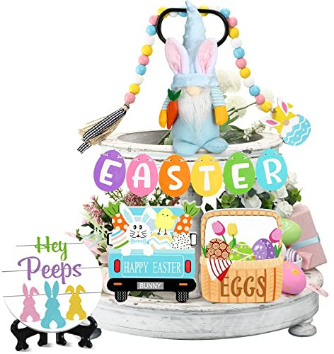 Bucherry 10 Stück Oster-gestuftes Tablett, Dekoration, Osterdekoration, Bauernhaus, Osterdekoration, rustikale Hasen, Kaninchen, Eier, Holz-Frühlingsschild für Zuhause, Tisch, Küche