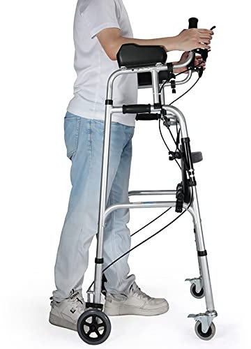 ADITAM Seniors Stand Upright Rolling Walkers w/ Seat 4 Wheels Heavy Duty Folding Rollator Walker w/ Armrests Brakes Disabled Walking Aid for Inside Outside (With leather seat Double the