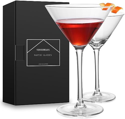 VENVENWEAVS Martini-Gläser, mundgeblasen, 260 ml, Kristall-Cocktailgläser für Espresso, Martini, Cosmopolitan, Manhattan, Gimlet, Home Bar, Cocktail-Party, ohne Stiel, Martini-Glaswaren, Geschenk-Set,