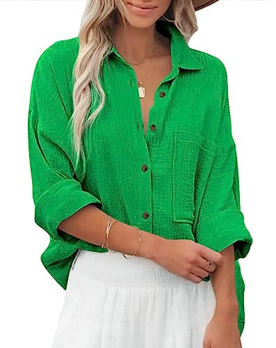 Zitiki Chemisier pour Femme en Coton - Chemise décontractée - Col en V - Manches Longues - Élégant - Décontracté - avec Poches Poitrine, Vert, S