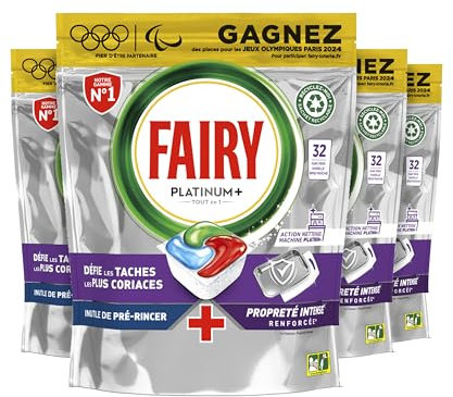 Fairy Platinum Plus Tout-en-1 Tablettes Lave-Vaiselle 128 capsules (4x32 pastilles), Brise Fraîche, Nettoyage Optimal Efficace Même Sur La Graisse Incrusté, Action Nettoyage Machine