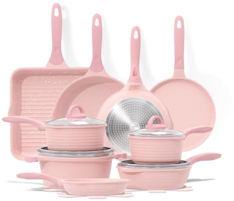 JEETEE Essential Pot Sets Juego de Sartenes 23 piezas, Juego de ollas y sartenes de granito antiadherente, Juego de ollas de inducción, Juego de ollas de cocción con tapa, Rosado