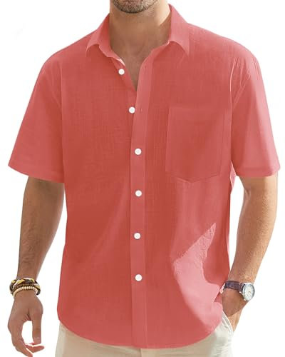 J.VER Men's Linen Short Sleeve Shirts Cotton Casual Lightweight Button Down Shirt Beach Vacation Summer Tops with Pocket, Coral, Large