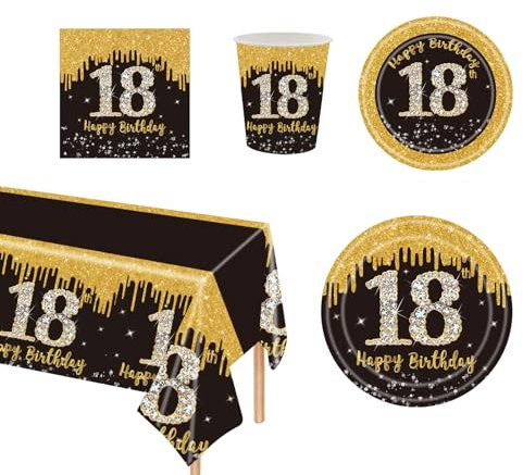 69Pcs Black Gold 18th Birthday Party Tableware,Black 18th Birthday Tableware Set with Paper Plates,Napkins Serviette,18th Table Cloth,Paper Cups for Women Her Birthday Party Table Decorations