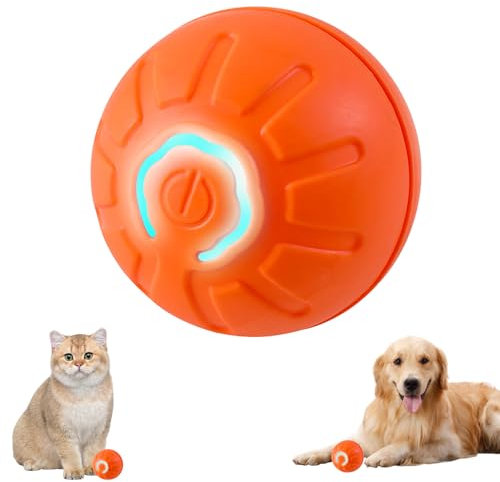 Pouway Interactive Dog Toys - Self Moving Dog Ball Toy with LED Lights,USB Rechargeable Durable Motion Activated Automatic Rolling Ball Toys for Puppy/Small/Medium Dogs (Orange)