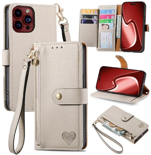 VEEMOS Zipper Wallet Case for Apple iPhone 15 Pro Max Phone Case with Purse Card Holders RFID Blocking Leather Flip Case Book Cover Wrist Strap Women - Gray