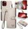 VEEMOS Zipper Wallet Case for Apple iPhone 15 Pro Max Phone Case with Purse Card Holders RFID Blocking Leather Flip Case Book Cover Wrist Strap Women - Gray