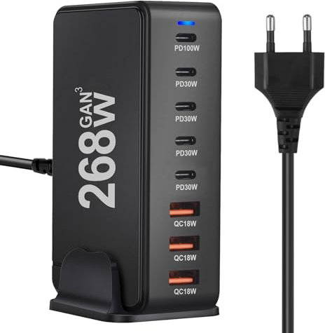 AXFEE 268W Caricatore USB C, 8 Port Stazione di Ricarica Multipla GaN PD3.0, Caricatore Rapido 268W, Portatile Caricabatterie, per iPhone, iPad, Samsung, Huawei, Google Pixel