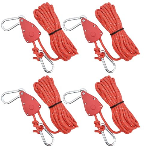 4 PCS Corde de Tente Réfléchissante, 6mm Cordon de Camping avec Poulie, Corde à Cliquet avec Crochet, Corde Nylon Escalade 5M, Tendeur de Corde a Linge Exterieur pour Randonnée, Auvent (Rouge)