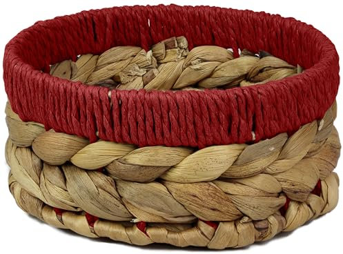 Small Water Hyacinth round baskets for storage Natural Red edges for shelves open hamper. Decorative gift mini tray make up Kitchen organiser (1 x Pack, Medium 18 cm)