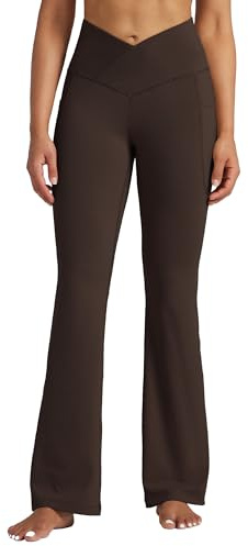 WILLIT Yogahose Damen Flare Leggings Jogginghose Hohe Taille Bootcut Bauchkontrolle Sporthose Büro Stretch Hose Elegante Schlaghose Workout Leggings mit Taschen 31 Dunkelbraun XL