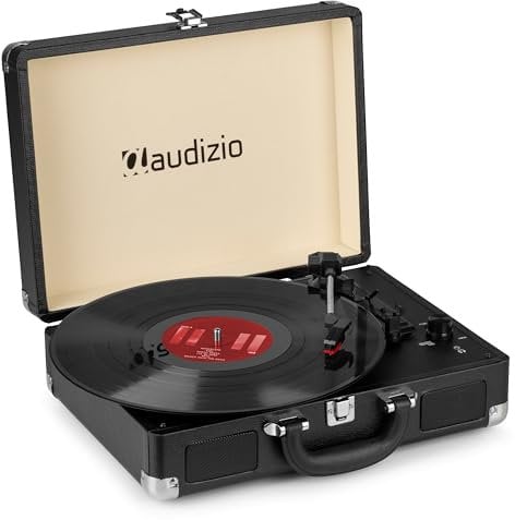 Audizio RP114BK Briefcase Vinyl Record Player, Stylish Record Player with Built-In Speakers, 3-Speed Compact System, USB Vinyl to MP3 Conversion, RCA Output, Black