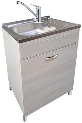 MABEL Mobile Sottolavello Cucina Olmo Grigio 1 Anta Organizer in Legno Nobilitato con Lavello da Appoggio in Acciaio - L 60 cm x P 50 cm x H 85 cm