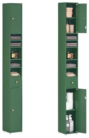 SoBuy Badzimmerschrank Schmal - Badezimmer Hochschrank aus Holz mit verstellbaren Einlegeböden - Wasserabweisender Badschrank - platzsparendes Badmöbel, 20x180x20cm BZR34-II-SY