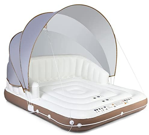 FANTASK Luxus-Inselbett XXL, Aufblasbare Schwimminsel mit einziehbarer & Abnehmbarer Überdachung, Badeinsel mit 2 Getränkehaltern 180 x180 x160 cm, Weiß, Braun, Silber