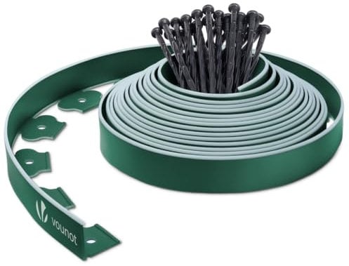 VOUNOT® Bordure de Jardin en Plastique 10 mètres avec 30 Piquets d'ancrage Bordurette de Pelouse Bordure de Gazon Flexible Idée de Jardin Hauteur 50mm Epaisseur 4mm Vert Bordé de Vert Clair