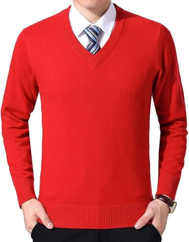 FULIER Men's V-Neck Jumper Cashmere Knitted Pullover Casual Long Sleeve Sweater Basic Sweatshirt Winter Jumper (Red, XL)