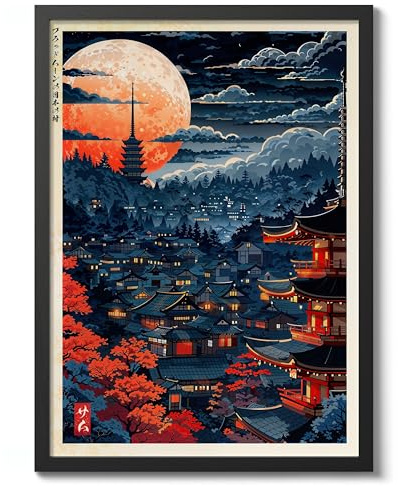 Osaka Blood Moon Anime Holzblock-Poster, modern, Ukiyo-E, japanischer Cartoon-Illustrationsdruck, archivarisch, matt, A5 (schwarzer Rahmen) – 21 x 14,8 cm