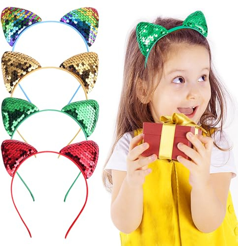 TRKETK 4 Pieces Cat Ear Hair Hoops, Girls Metal Sequin Cat Ears Headband Hair Hoop Shiny Sequin Cute Kitty Headband Cat Ears Headbands Set for Women Girls Party Daily Wear Decoration