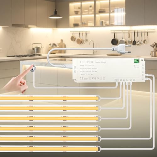 BRIMETI Ruban LED COB Bande LED Strip 12V Avec Interrupteur Touch Dimmable 1M 6 Rouleaux Blanc Naturel 4000K 320LED/M 3000K Découpable Intérieur pour Armoires à Vin Cuisine Vitrines Étagères
